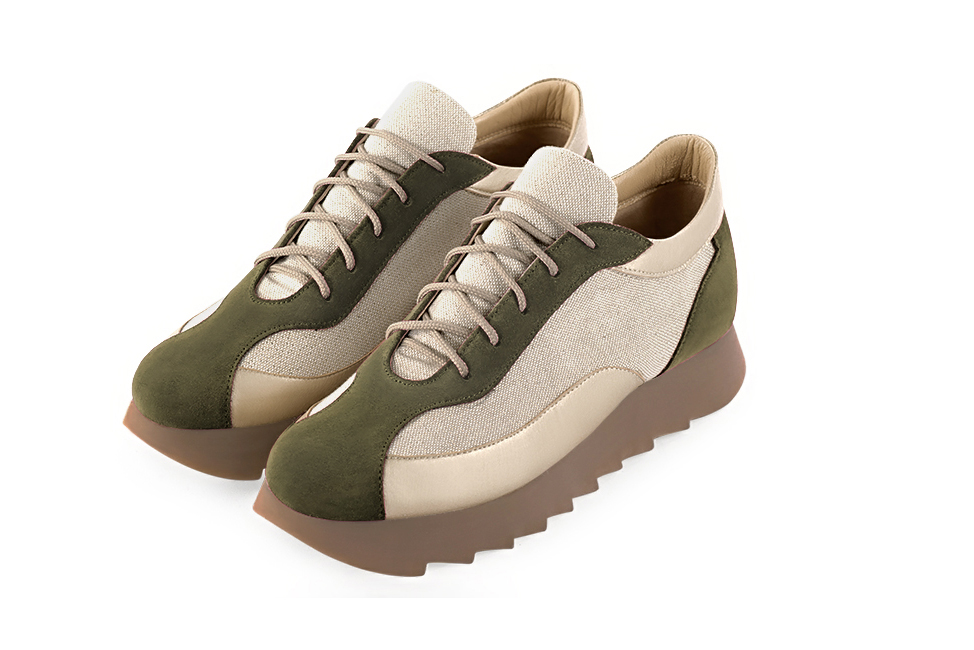 Khaki green and gold women's three-tone elegant sneakers. Round toe. Low rubber soles. Front view - Florence KOOIJMAN